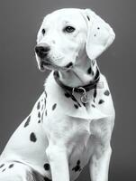 Lycklig dalmatian hund svart och vit svartvit Foto i studio belysning