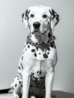 Lycklig dalmatian hund svart och vit svartvit Foto i studio belysning