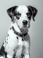 Lycklig dalmatian hund svart och vit svartvit Foto i studio belysning