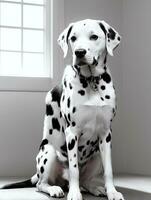 Lycklig dalmatian hund svart och vit svartvit Foto i studio belysning