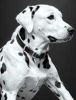 Lycklig dalmatian hund svart och vit svartvit Foto i studio belysning