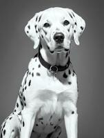 Lycklig dalmatian hund svart och vit svartvit Foto i studio belysning