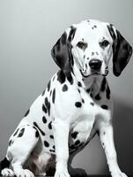 Lycklig dalmatian hund svart och vit svartvit Foto i studio belysning