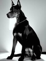 Lycklig doberman pinscher hund svart och vit svartvit Foto i studio belysning