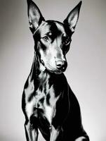 Lycklig doberman pinscher hund svart och vit svartvit Foto i studio belysning