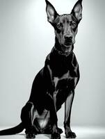 Lycklig doberman pinscher hund svart och vit svartvit Foto i studio belysning