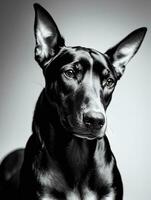 Lycklig doberman pinscher hund svart och vit svartvit Foto i studio belysning