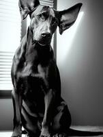 Lycklig doberman pinscher hund svart och vit svartvit Foto i studio belysning