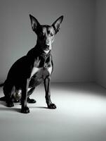 Lycklig doberman pinscher hund svart och vit svartvit Foto i studio belysning