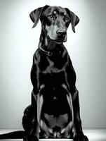 Lycklig doberman pinscher hund svart och vit svartvit Foto i studio belysning