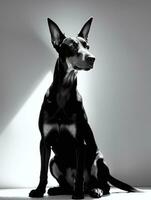 Lycklig doberman pinscher hund svart och vit svartvit Foto i studio belysning