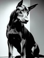 Lycklig doberman pinscher hund svart och vit svartvit Foto i studio belysning