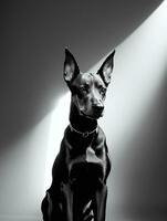 Lycklig doberman pinscher hund svart och vit svartvit Foto i studio belysning