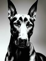 Lycklig doberman pinscher hund svart och vit svartvit Foto i studio belysning