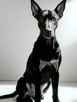 Lycklig doberman pinscher hund svart och vit svartvit Foto i studio belysning