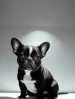 Lycklig franska bulldogg svart och vit svartvit Foto i studio belysning