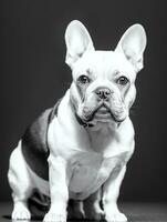 Lycklig franska bulldogg svart och vit svartvit Foto i studio belysning