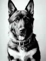 Lycklig tysk herde hund svart och vit svartvit Foto i studio belysning