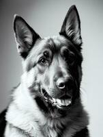 Lycklig tysk herde hund svart och vit svartvit Foto i studio belysning