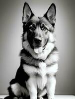 Lycklig tysk herde hund svart och vit svartvit Foto i studio belysning