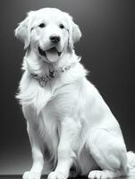 Lycklig gyllene retriever hund svart och vit svartvit Foto i studio belysning