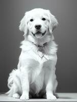 Lycklig gyllene retriever hund svart och vit svartvit Foto i studio belysning