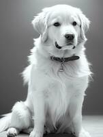 Lycklig gyllene retriever hund svart och vit svartvit Foto i studio belysning