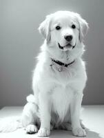 Lycklig gyllene retriever hund svart och vit svartvit Foto i studio belysning