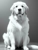 Lycklig gyllene retriever hund svart och vit svartvit Foto i studio belysning