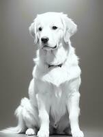 Lycklig gyllene retriever hund svart och vit svartvit Foto i studio belysning