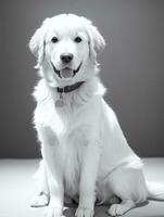 Lycklig gyllene retriever hund svart och vit svartvit Foto i studio belysning