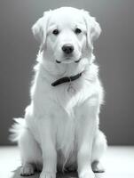 Lycklig gyllene retriever hund svart och vit svartvit Foto i studio belysning