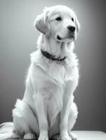 Lycklig gyllene retriever hund svart och vit svartvit Foto i studio belysning