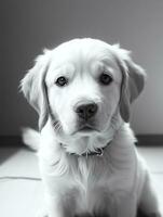 Lycklig gyllene retriever hund svart och vit svartvit Foto i studio belysning