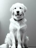 Lycklig gyllene retriever hund svart och vit svartvit Foto i studio belysning