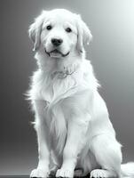 Lycklig gyllene retriever hund svart och vit svartvit Foto i studio belysning