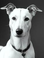 Lycklig vinthund hund svart och vit svartvit Foto i studio belysning