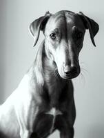 Lycklig vinthund hund svart och vit svartvit Foto i studio belysning