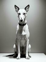 Lycklig vinthund hund svart och vit svartvit Foto i studio belysning