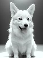 Lycklig pembroke welsh corgi hund svart och vit svartvit Foto i studio belysning