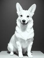 Lycklig pembroke welsh corgi hund svart och vit svartvit Foto i studio belysning