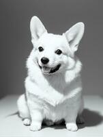 Lycklig pembroke welsh corgi hund svart och vit svartvit Foto i studio belysning