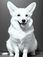 Lycklig pembroke welsh corgi hund svart och vit svartvit Foto i studio belysning