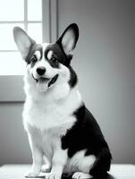 Lycklig pembroke welsh corgi hund svart och vit svartvit Foto i studio belysning