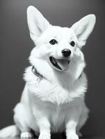 Lycklig pembroke welsh corgi hund svart och vit svartvit Foto i studio belysning