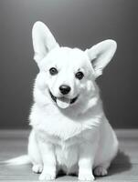 Lycklig pembroke welsh corgi hund svart och vit svartvit Foto i studio belysning