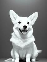 Lycklig pembroke welsh corgi hund svart och vit svartvit Foto i studio belysning