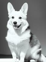 Lycklig pembroke welsh corgi hund svart och vit svartvit Foto i studio belysning