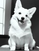 Lycklig pembroke welsh corgi hund svart och vit svartvit Foto i studio belysning