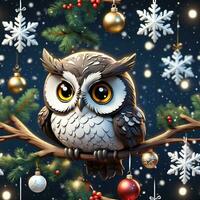 Uggla fågel på vinter- bakgrund grafisk för jul har träd foto